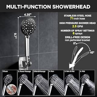 Veken Wide High Pressure Rain Shower Head with Handheld, Handheld Shower Heads with Multi Spray Modes, Rainfall Combo with 15" Metal Extension Arm,Detachable Dual Shower, Bathroom Decor,Chrome Silver