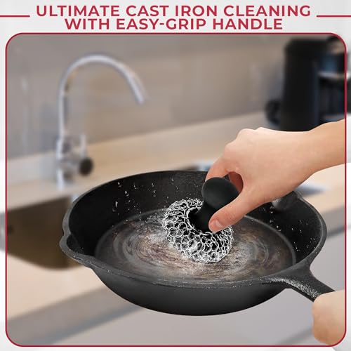 Image of Zylark 316L Chainmail Scrubber Cleaner - Chain Mail Scrubber Cast Iron - Cast Iron Skillet Scrubber - Chain Scrubber with Long Handle