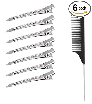 6Pcs Hair Section Pins Hair Dividing Clips Stainless Steel Duck Teeth Crocodile Clips for Hair Styling with Steel Pin Tail Comb