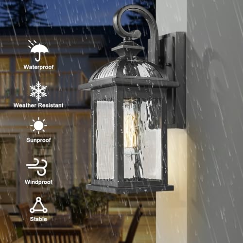 Image of Darkaway Outdoor Lights Fixture Wall Mount, Exterior Wall Light with Water Ripple Glass Waterproof Black Outside Wall Sconce for House Porch Hallway Garage