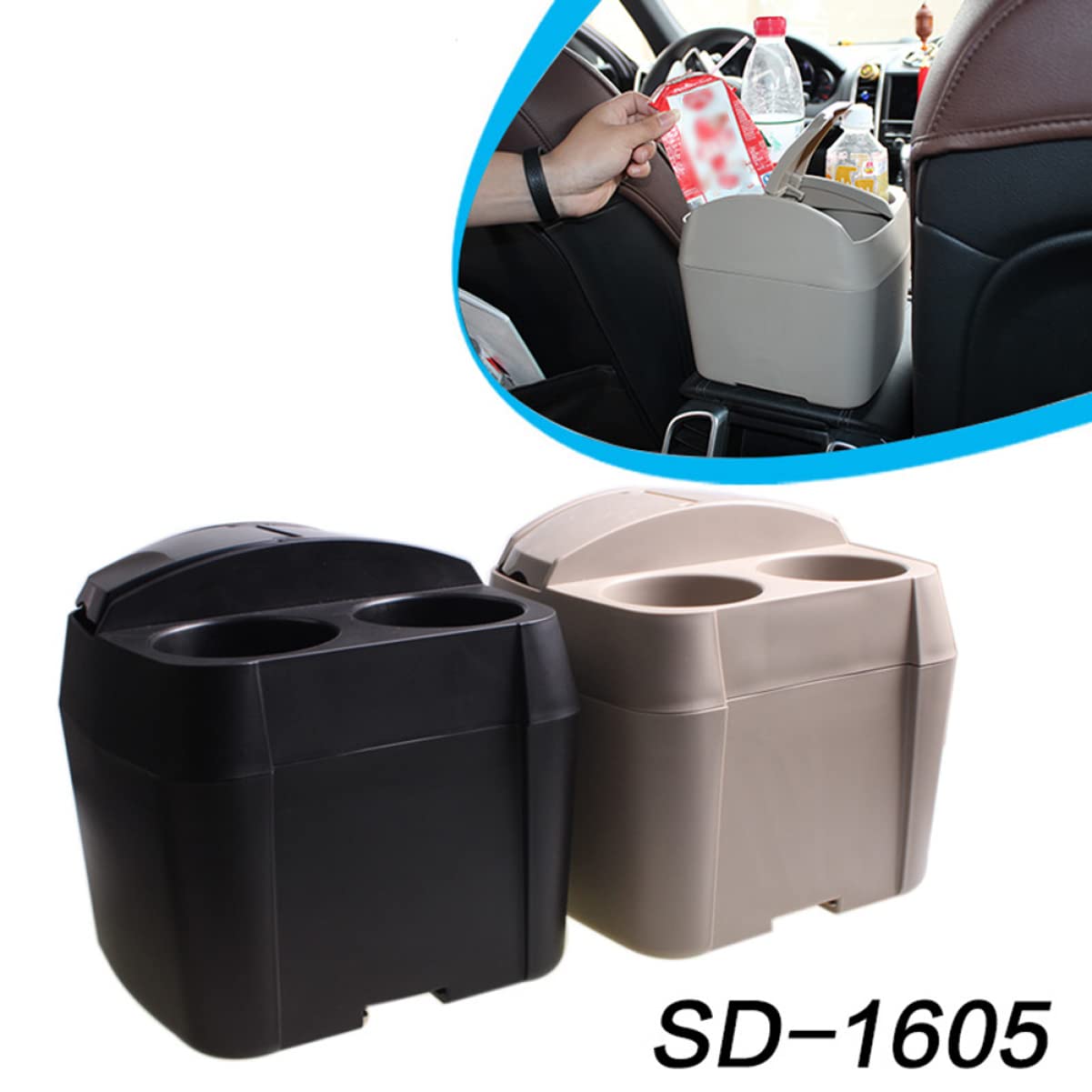 CHILDWEET Vehicle-Mounted Trash Can with Cup Holder Compact Multi-Function Auto Garbage Storage for Car Black