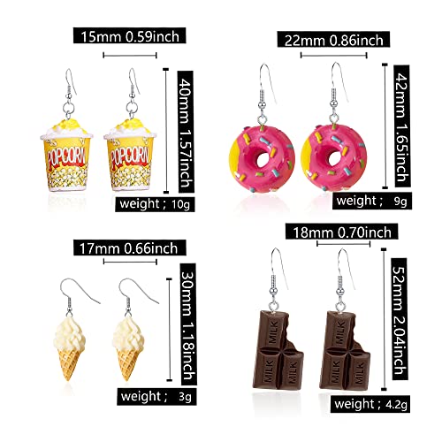 Anmpab 4 Pairs Imitation Cartoon Food Earrings Resin Popcorn Ice Cream Chocolate Donut Dangle Earrings for Daughter Friends Set4