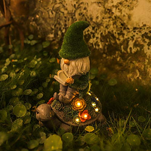 Garden Statue Gnome Cute - Large Outdoor Gnome Statue Sculptures With Solar Lights, Resin Gnome Figurine Sitting On Turtle With Umbrella For Home Patio Yard Lawn Porch Decorations #TOP3