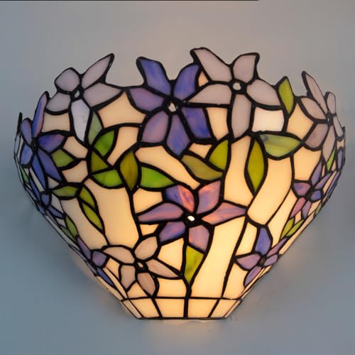 Image of Purple Flower Tiffany Style Wall Sconce, Classy Stained Glass Wall Light, Decorative 12 Inches Wall Light Fixtures for Hallway Stairway Bedroom (A)