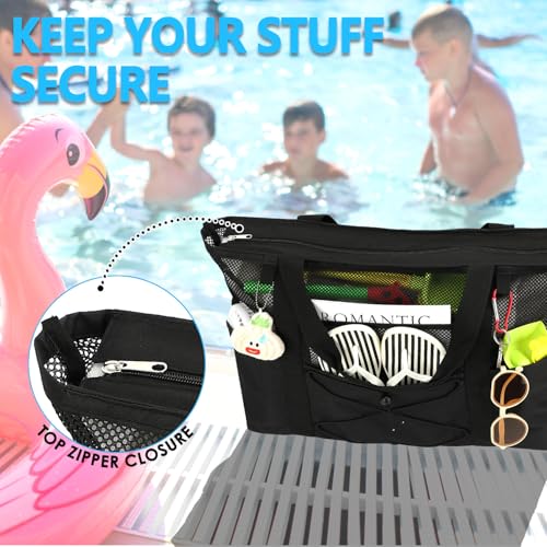 Image of Fammart Mesh Beach Bag for Women, Large Beach Toy Pool Bag with Zipper Pocket, SandProof Cruise Essentials 2026 Family Travel