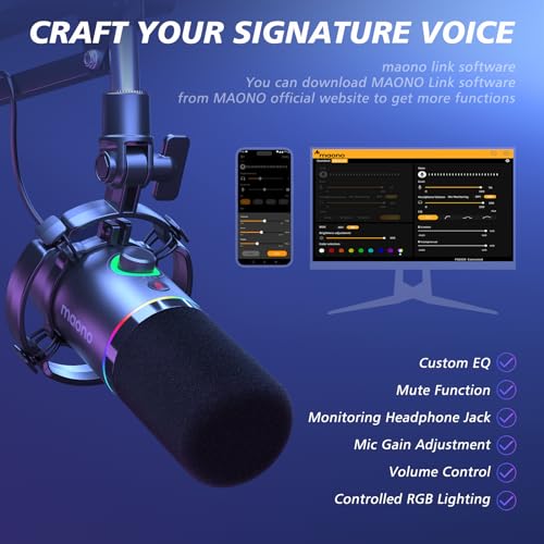 MAONO XLR/USB Dynamic Microphone for Gaming PC, RGB Podcast Mic for YouTube with Software, Mute, Gain Knob, Volume Control, Boom Arm for YouTube... - Image 3