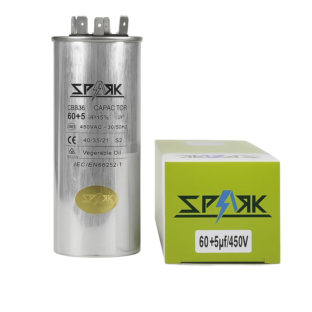 60 +5 MFD uF Air Conditioner Capacitor, Round Aluminium, Electrolytic, Dual Motor Run, 450V AC, for Air Conditioner Condenser
