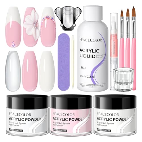Peacecolor Acrylic Nail Kit ,Clear White Pink 15g Acrylic Powder and 60ml Liquid Set Brush Forms Cuticle Oil Pen Tools Manicure Nails Kit Acrylics Set for Beginners Gifts DIY Salon Home