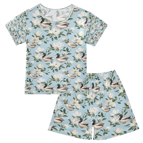 senya Mallard Duck White Flower Summer Pajamas Set Short Cotton Sleepwear 2 Piece