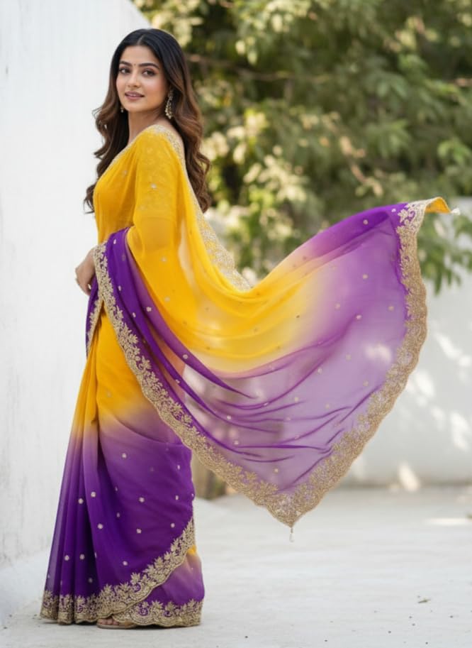 Image of Amazon Brand - Tavasya Fancy Fendy Satin Silk Saree with Multi Sequence Embroidery Work | Heavy Embroidered Wedding Party look Saree with Running Blouse Piece