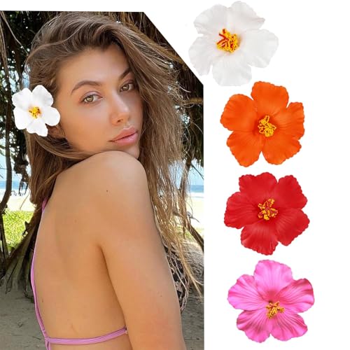 CharmBurst 4 pinzas hawaianas para el pelo con flores para mujeres, clip para el pelo con flores, pinzas para el pelo con flores, pinzas hawaianas para el pelo, pinzas para el pelo de hibisco para
