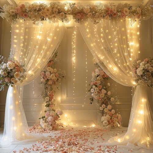 Sheer Curtains with Lights Champagne Tulle Backdrop Curtain for Bedroom