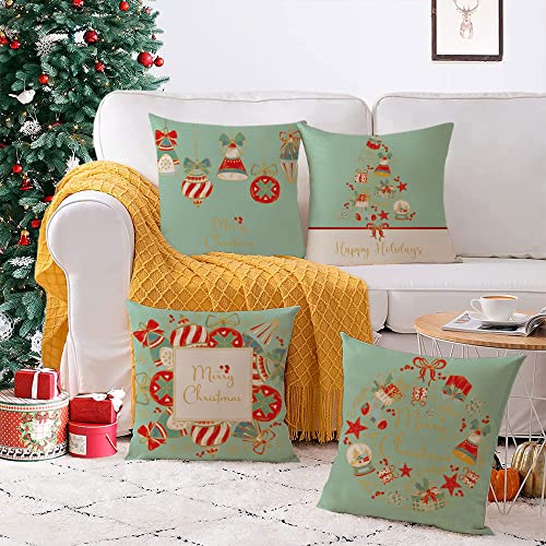 Merry Christmas Pillow Covers 16X16 Set Of 4 Christmas Pillow Cases Xmas Holiday Throw Pillow Covers Soft Christmas Tree Bells Gift Cushion Covers For Outdoor Home Bed Sofa Couch(16 Inch) #TOP5