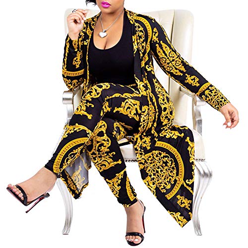 Cqwl Womens Fashion Printed Long Cardigans 2 Piece Outfits,Long Sleeve Coat And Trousers Set(Gold,M) #TOP1