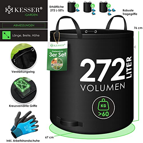 KESSER® Gartensack 3X 272L Set Laubsack Gartenabfallsack inkl. Handschuhe - Selbststehend 4 Griffe Stabil Robust & Faltbar - Laubsäcke Rasenschnitt Gartensäcke für Gartenabfälle Grünschnitt Schwarz