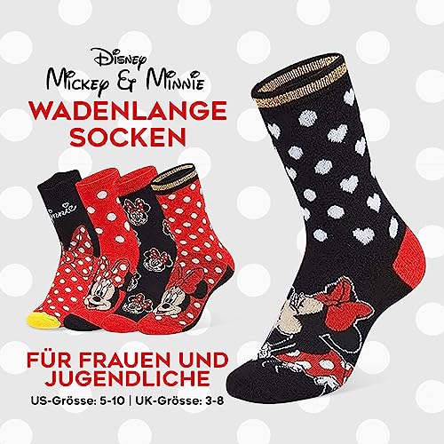 Disney Stitch Damen Socken, bunte warme Strümpfe mit Motiv, Geschenke für Frauen, Teenies, 5er-Pack (35-41 EU, Rot/Schwarz Minnie Mouse)