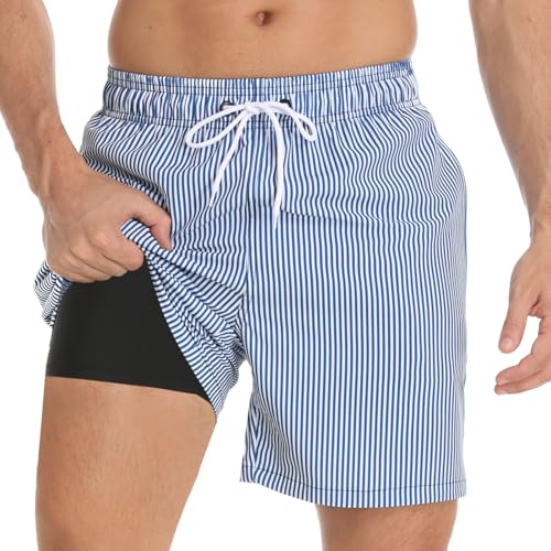 Image of Mens Swim Trunks Compression Liner No Mesh Swimming Trunks Men Swimwear Quick Dry Above Knee Zipper Pocket Swim Shorts