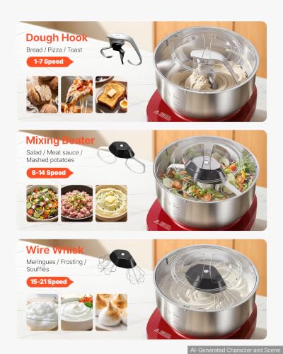 Image of VEVOR 5.3 Qt Electric Dough Maker 500W Stand Mixer Removable Lid, Stepless Speed Adjustment Food Kitchen Mixer with Stainless Steel Bowl, Dough Hook, Whisk, Beater, for Pizza Bread Pasta Mochi