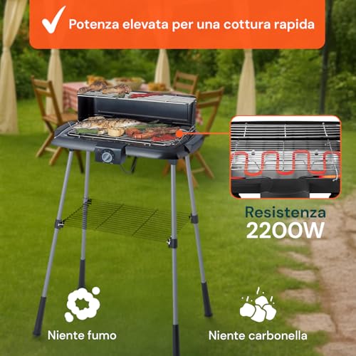 Zendea - Elektrogrill 2200 W mit Grillrost 40 x 22 cm und Warmhalteplatte 45 x 12 cm, ideal zum Grillen auf Balkon oder Terrasse, rauchfrei, gleichmäßiges Kochen, kompakt und leistungsstark