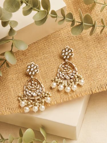 Image of Zaveri Pearls Antique Gold Tone Kundan & Pearls Embellished Dangler Earring For Women-ZPFK19030