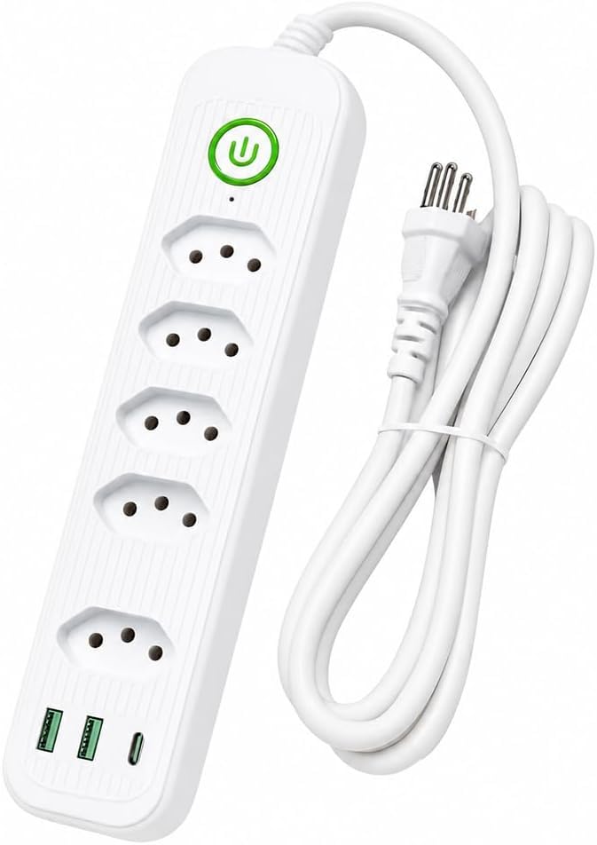 Extensão Elétrica Régua 5 Tomadas + 2 USB-A + USB-C Bivolt 10A 2500W | Filtro de Linha