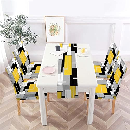 MCALK Geometric Yellow Chair Covers Set of 4 and Table Runner,Stretch Yellow Chair Slipcovers for Kitchen,Washable Removable Chair Protector Modern Chair Covers for Dining Room