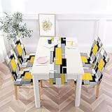 MCALK Geometric Yellow Chair Covers Set of 4 and Table Runner,Stretch Yellow Chair Slipcovers for Ki