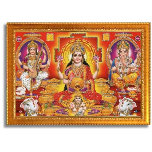 Image of CRAFT QUEST Lakshmi Devi with ganesh ji and saraswati mata Wall Painting Photo Frame for Diwali Pujan (Synthetic, Golden, Sparkle Finish, Small Size, 8 X 6 Inch)