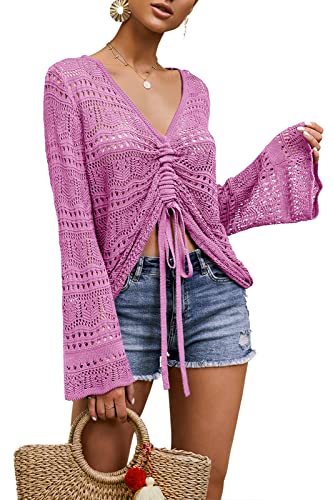 Image of Saodimallsu Womens Boho Off Shoulder Sheer Crop Tops Bell Sleeve Flowy Oversized Crochet Ruched Pullover Sweaters