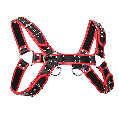 Men's Leather Body Chest Harness Belt with Double-Shoulder Cage Belt Adjustable Red