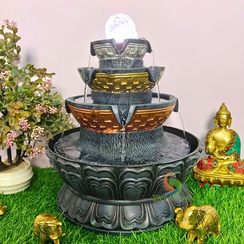 Image of Decorative Table Top Water Fountain for Home Decor /Office /Indoor & Outdoor /Garden /Puja Room /Vaastu with Multicolor LED Light and Adjustable Water Pump (Round Fountain D-064)