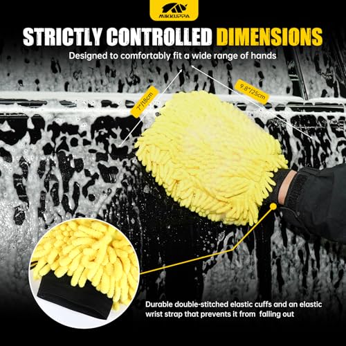 MIKKUPPA Car Wash Mitt Microfiber - Double-Sided Chenille Scratch Free Mitt with Waterproof Inner for Car Washing Home Cleaning (Yellow, 2Pack, 10'' x 7'') - Image 3