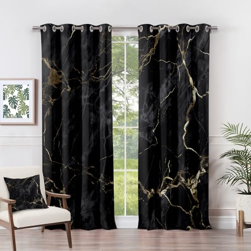 Marble Curtains - Black & Gold Abstract Blackout 2 Panel Luxury Eyelet Curtains 90 x 108 Inch (W x D) for Living Room