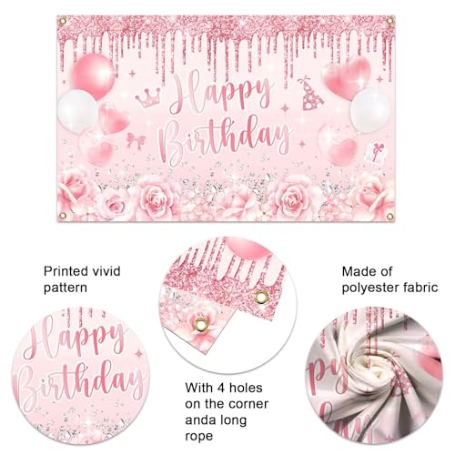 Mocsicka Pink Happy Birthday Banner Backdrop Women Girls Rose Gold Glitter Balloons Birthday Party Decorations Sweet 16th, 21st, 30th, 60th Party Banner Supplies 70.8 x 43.3 Inch - Thumbnail 5