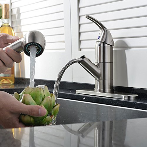 Ufaucet Modern Best Commercial Cen Brushed Nickel Stainless Steel Single Lever Single Handle Pull Out Sprayer Prep Kitchen Sink Faucets,Brushed Nickel Finished