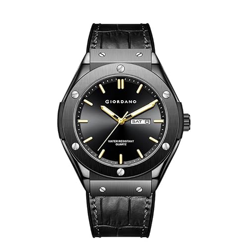 Giordano Casual Analog Watch for Men with Leather Band, Day-Date Function and Quartz Movement