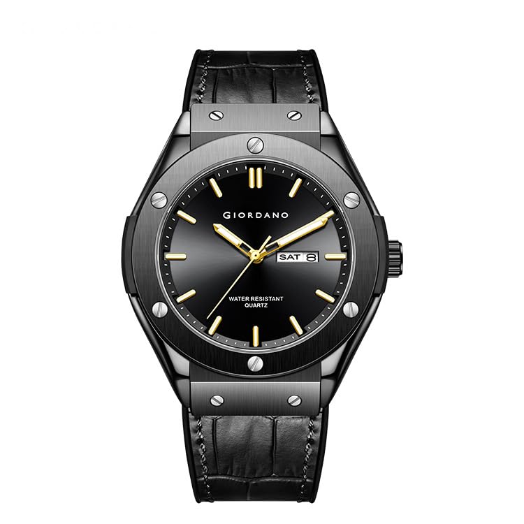 Image of Giordano Analog Watch for Men Round Dial with Leather Band, Day-Date Function and Quartz Movement