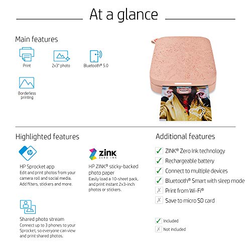 HP Sprocket Portable 2x3 Instant Photo Printer (Blush Pink) Print Pictures on Zink Sticky-Backed Paper from Your iOS & Android Device.