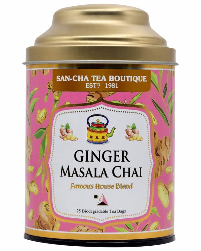 Sancha Tea Boutique, Ginger Masala Chai, Assam Black with Real Indian Ginger, Cutting Chai Style, 25 Pyramid Tea Bags, Micro-Batch Blended Since 1981