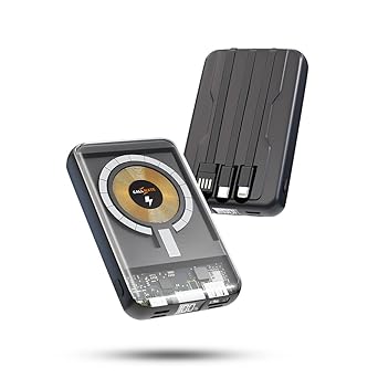 Callmate C-Thru 5000mAh Transparent Maganetic Wireless Power Bank, 15W Fast Charging|Buit-in 3-in-1 Cables | 3 Output Ports & 3 Input |Digital Display (15 W, 10W IQ Wireless) (Black, Lithium Polymer)