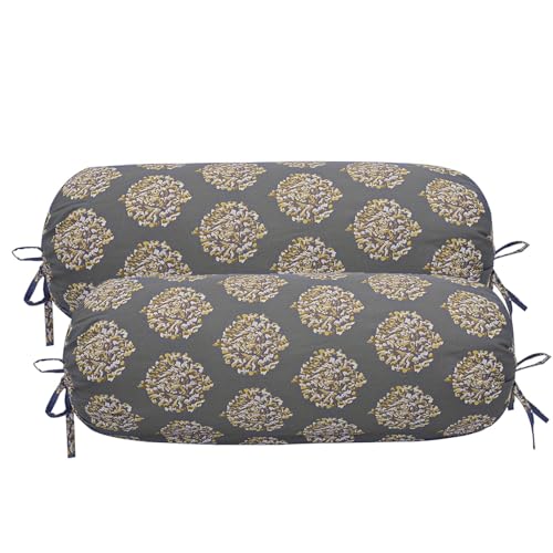 Image of Trance Home Linen Premium 16x32 Inches 100% Cotton Bolster Covers Set of 2 | Anti-Pill 200 Tc Thread Count with Tie Knot |Dewan Bed Round Pillow Cover (Damask Mustard Yellow, Pack of 2)