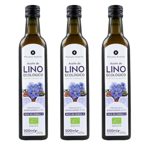 PLANETA HUERTO | Aceite de Oliva Virgen Extra Sin Filtrar 500 mL – Cosecha Temprana Arbequina 100% – Prensado en Frío – Sabor Intenso y Aromático (Pack 3 Aceite Lino 500 ml)