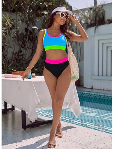 Image of BMJL Women's High Waisted Bikini Sets Sporty Two Piece Swimsuits Color Block Tummy Control Modest Bathing Suit