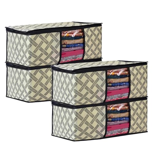 Image of Non-Woven Saree Covers with Zipper and Transparent Window - Clothes Storage Bag for Wardrobe Organization (Yellow Black, PACK OF 4)