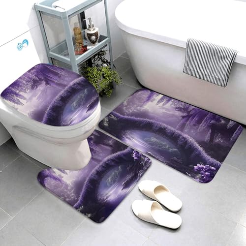 Juego de 3 alfombras de baño de microfibra morada con base antideslizante 4