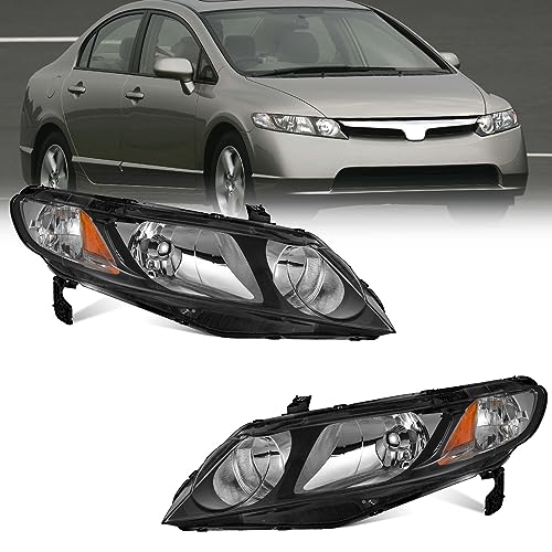 WEELMOTO for 2006-2011 Honda Civic 4-Door Headlights for 2006 2007 2008 2009 2010 2011 Headlight Pair Headlamp Black Housing Amber Reflector Left+Right Side(Does NOT fit 2-Door Coupe model)