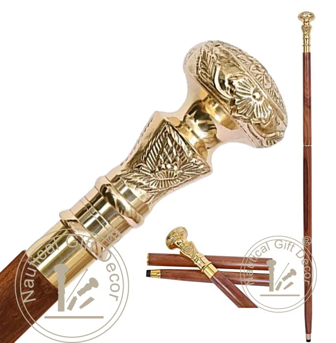 Riyex Vintage Brass Handle Victorian Telescope Fold able Wooden Walking Stick Walking Cane