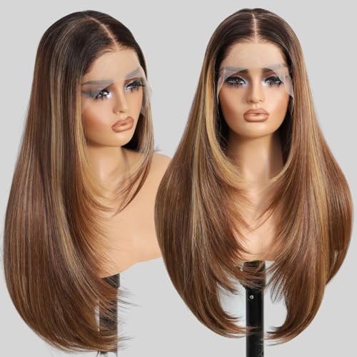 Highlight Brown Mix Blonde 13x4 Synthetic Lace Front Wigs Pre