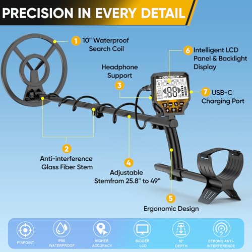 Image of Metal Detector for Adults Professional - 1800mAh Rechargeable Gold Detector, 6 Detection Modes, 10 inch IP68 Waterproof Coil, New Advanced DSP Chip for Beach & Treasure Hunting