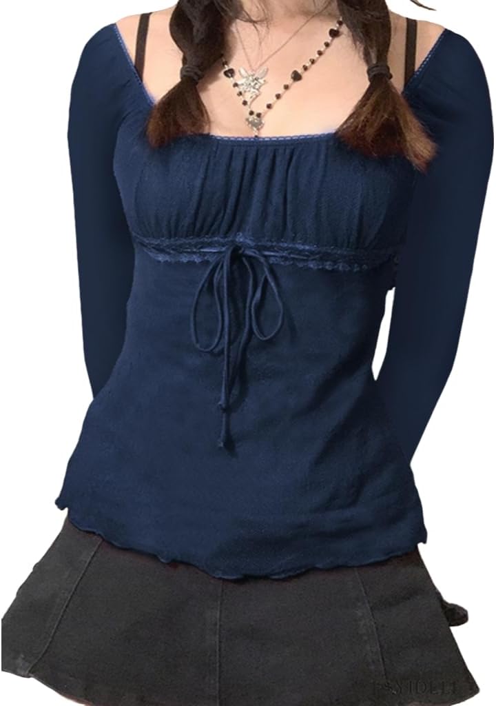 Y2K Mesh Top Women Long Sleeve Shirts Scoop Neck Ruffle Hem Babydoll Blouse